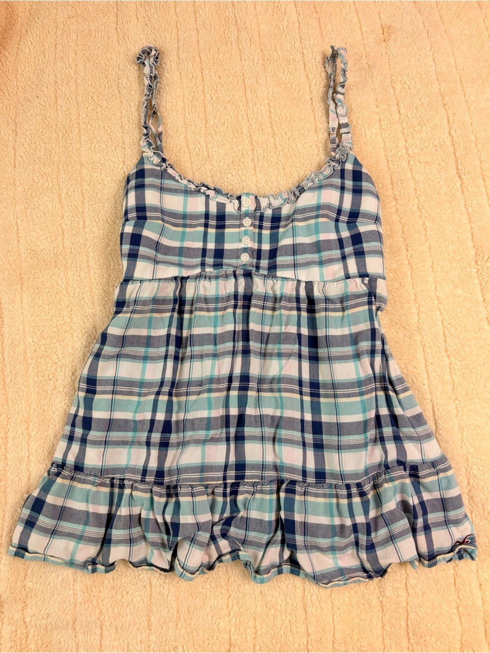 Hollister Blue & White Plaid Ruffle-Hem Tank Top